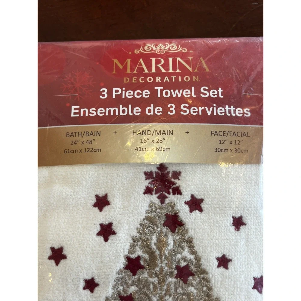 Christmas Holiday Embroidered‎ Towel Set 100% Cotton 3 Piece Tree Stars Gold Red